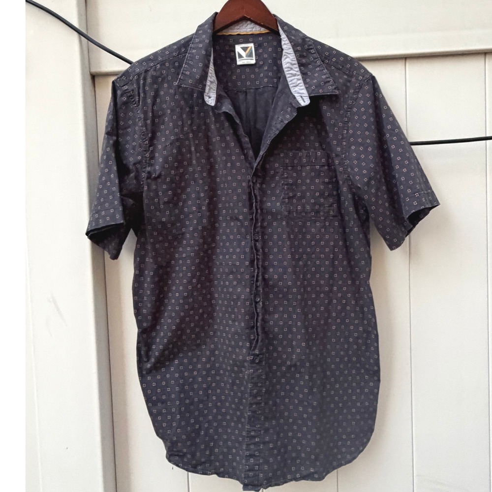 Voyager Mens 2XL Short Sleeve Button Down Shirt Navy Blue Geometric Print Pocket